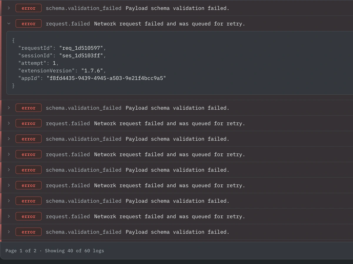 Moderok dashboard filtering and expanding an error event