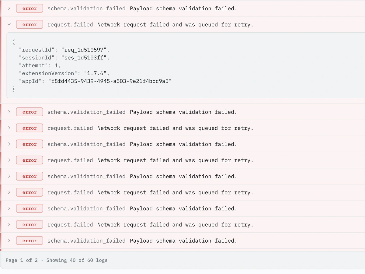 Moderok dashboard filtering and expanding an error event